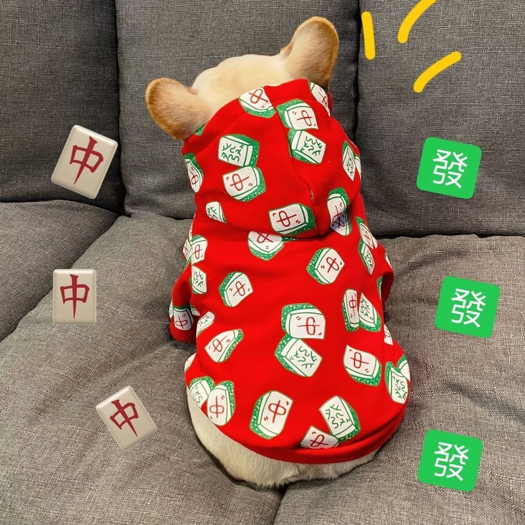 喜庆猫咪衣服防掉毛秋冬加绒狗狗小型幼犬猫卫衣红色宠物新年装潮