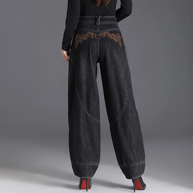2025年春秋新款百搭女士刺绣花民族风大码阔腿长裤萝卜裤宽松时尚