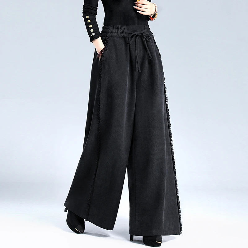 春秋新款松紧高腰阔腿裤女宽松显瘦大码黑色牛仔长裤大裤脚休闲裤