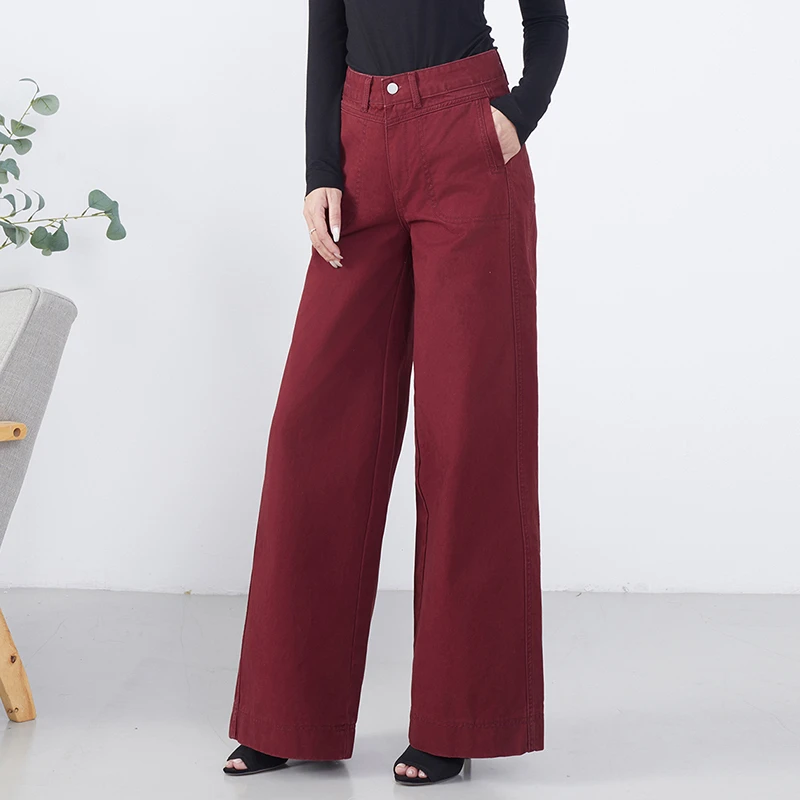 秋冬款安可拉红设计感女裤高腰直筒裤宽松大码休闲文艺阔腿裤长裤