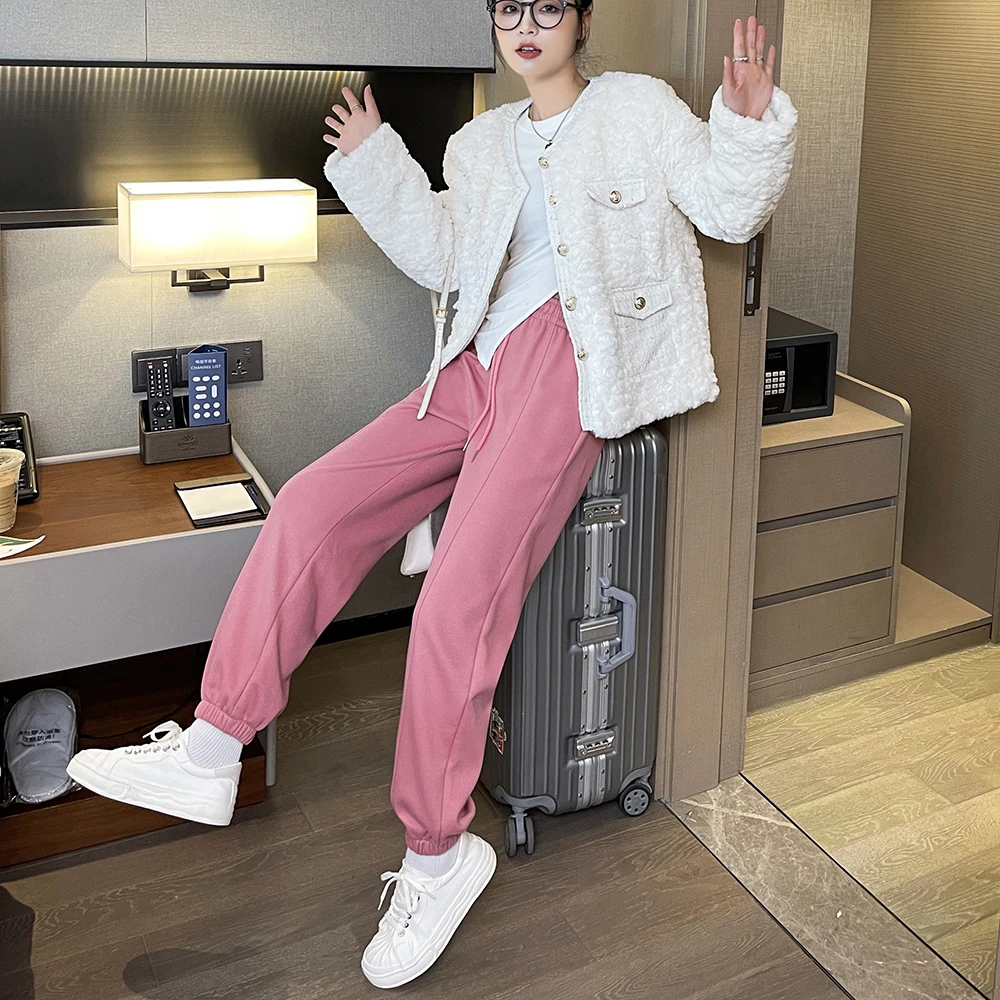 唐造2025春秋直筒长裤女款华棉宽松哈伦裤粉色抽绳阔腿卫裤子 283