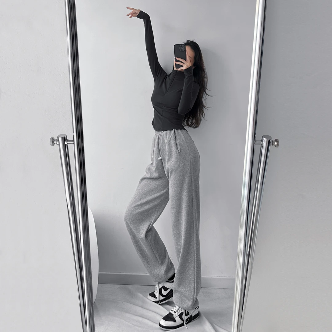唐造2025秋冬女款直筒卫裤子女士猪鼻扣阔褪裤黑色高档哈伦裤 314