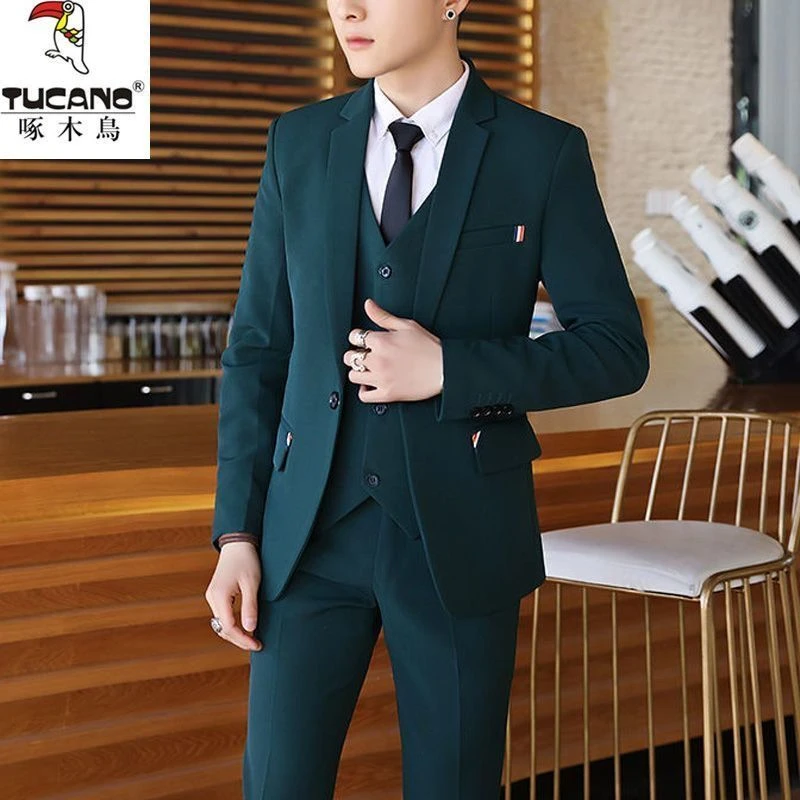 啄木鸟西服套装商务男韩版修身三件套西装男休闲帅气青少年西服男