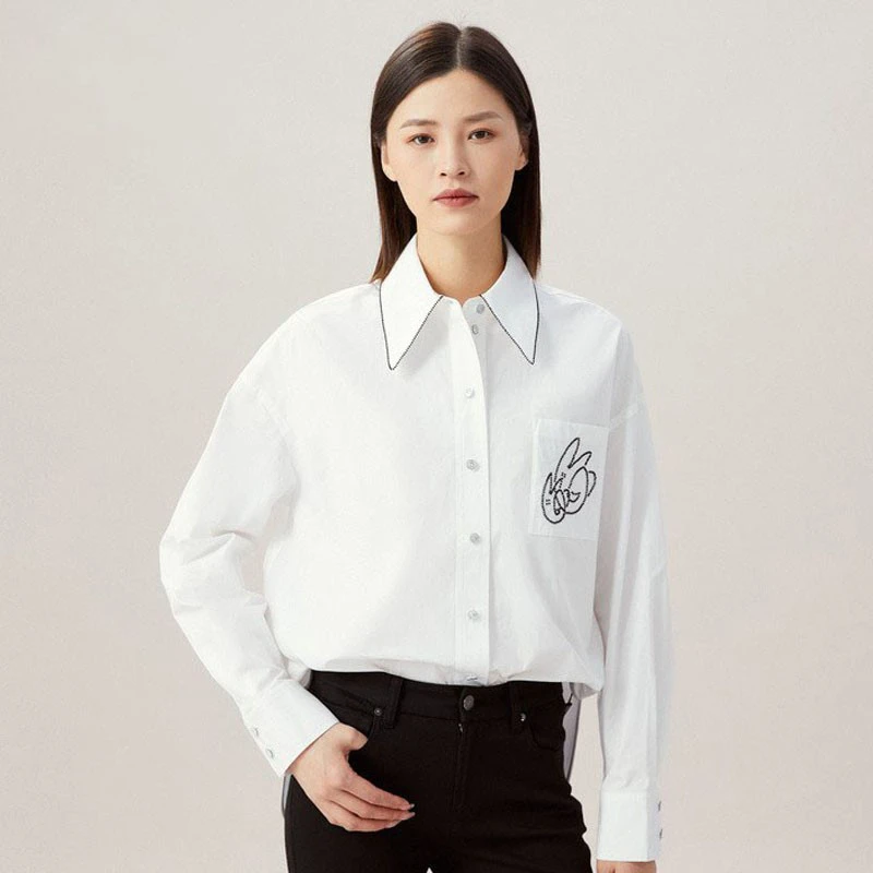 2024春季新款百搭宽松钉珠兔子刺绣长袖衬衫女1300675纯色