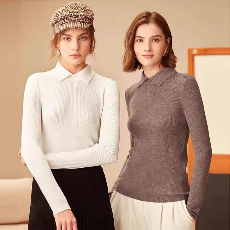 真的好同款秋冬翻领细针坑条针织修身显瘦百搭羊毛衫女羊绒衫女
