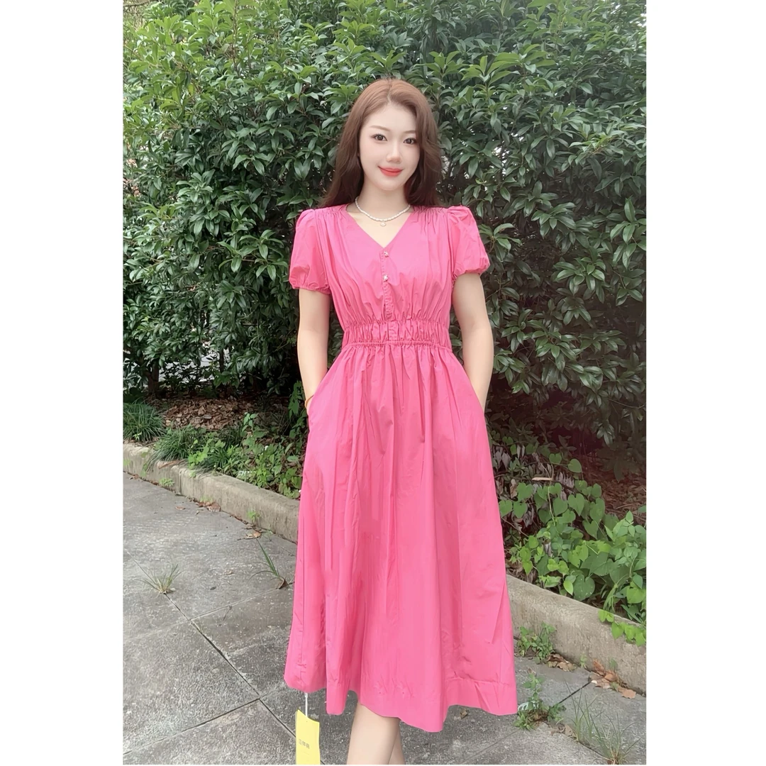 【悦悦】709韩系显瘦泡泡袖V领连衣裙夏季法式收腰百搭a字长裙潮