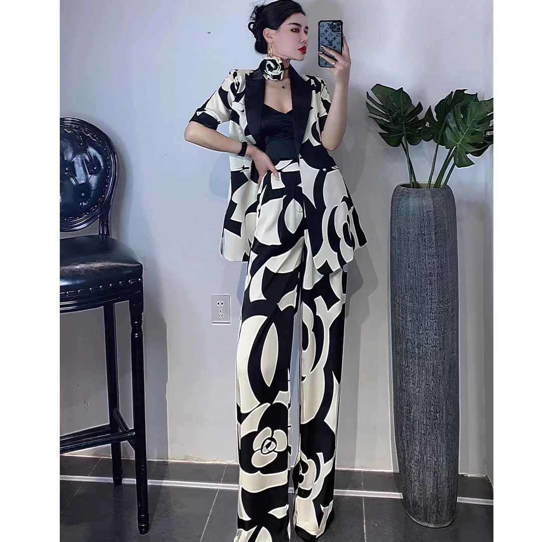 355小香风时尚套装夏设计感御姐气质印花西装阔腿裤通勤两件套