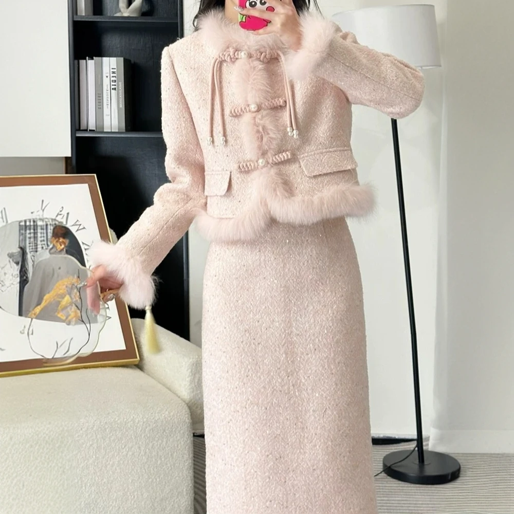 819秋冬新款加绒加厚保暖防寒纯色小香风套装女高级感气质两件套