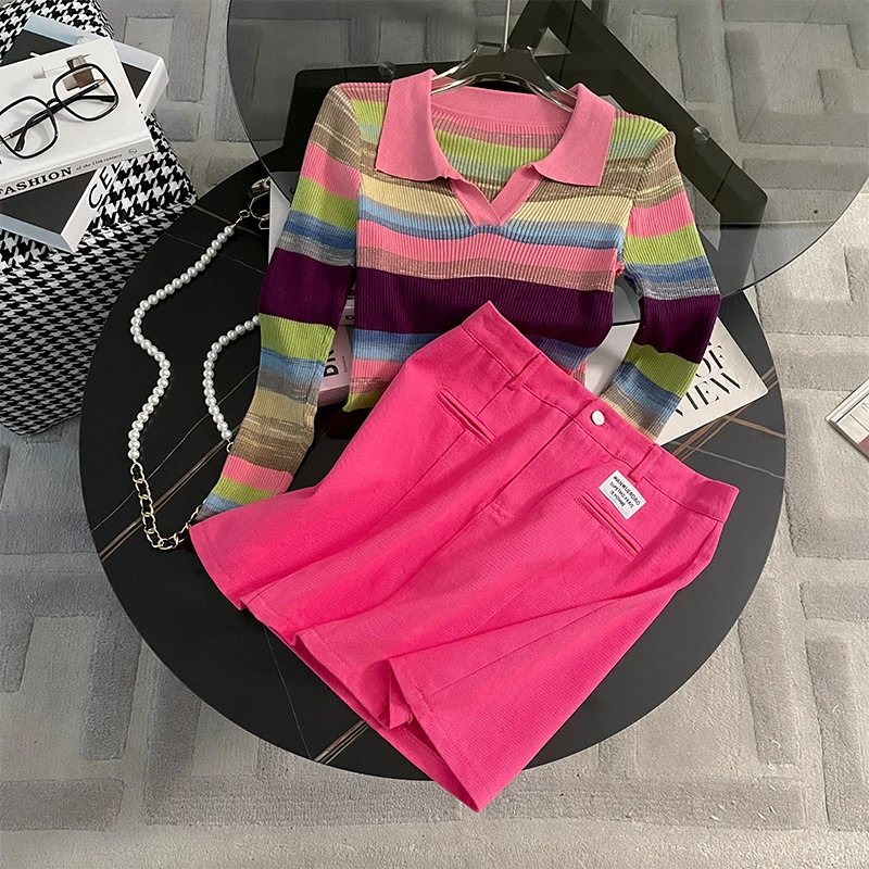2024秋季气质洋气减龄两件套多巴胺休闲新款针织上衣条纹时尚套装