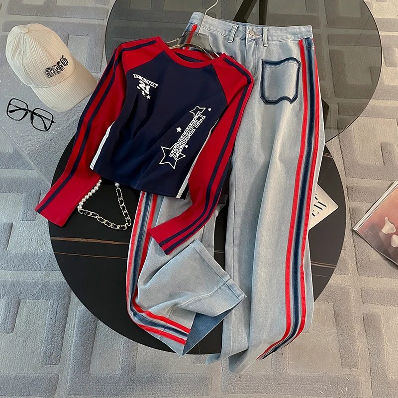 秋季时尚显瘦运动套装女装减龄休闲洋气长袖上衣高腰牛仔裤两件套