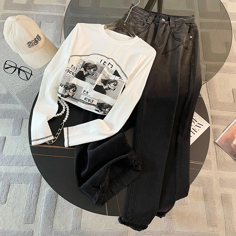长袖T恤套装女气质女秋季2024新款高腰显瘦宽松直筒牛仔裤两件套