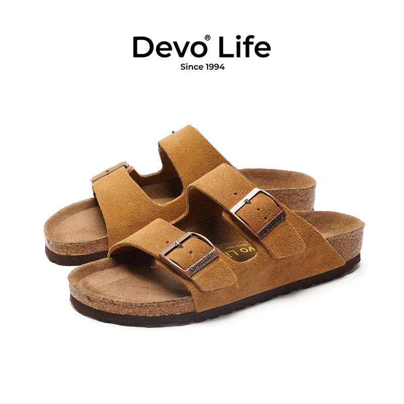 Devo/的沃软木拖鞋舒适女情侣绒面牛皮一字透气搭扣休闲女鞋2618