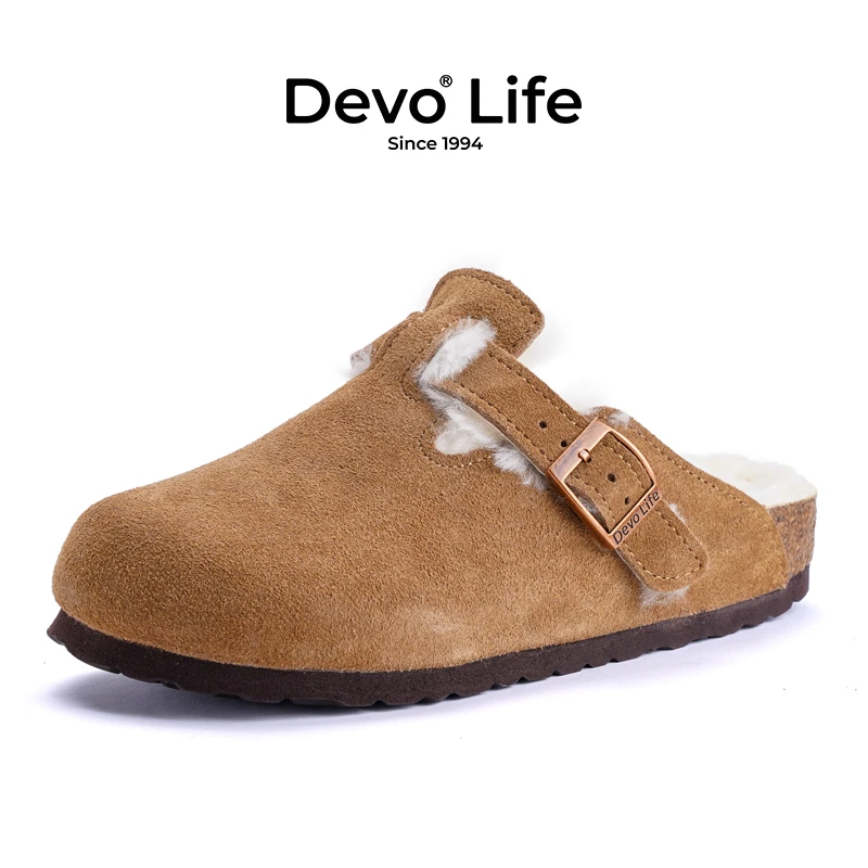 Devo/的沃勃肯鞋加绒软木鞋冬装上新保暖时尚外穿包头毛毛鞋66001