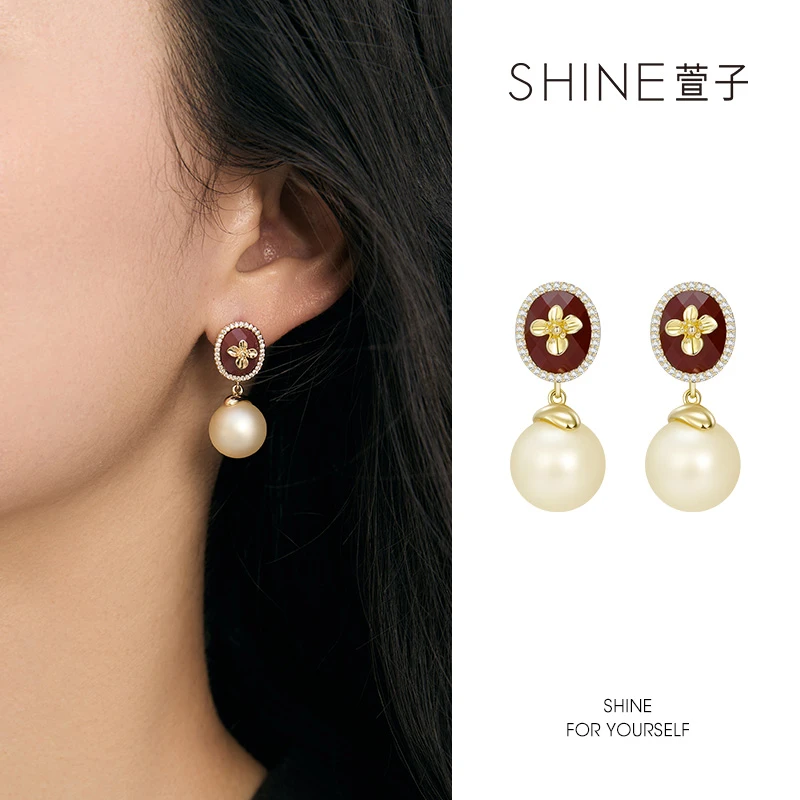 萱子 合金耳饰 SHINE 馥桂拿铁系列哑光珍珠时尚复古小众气质耳环