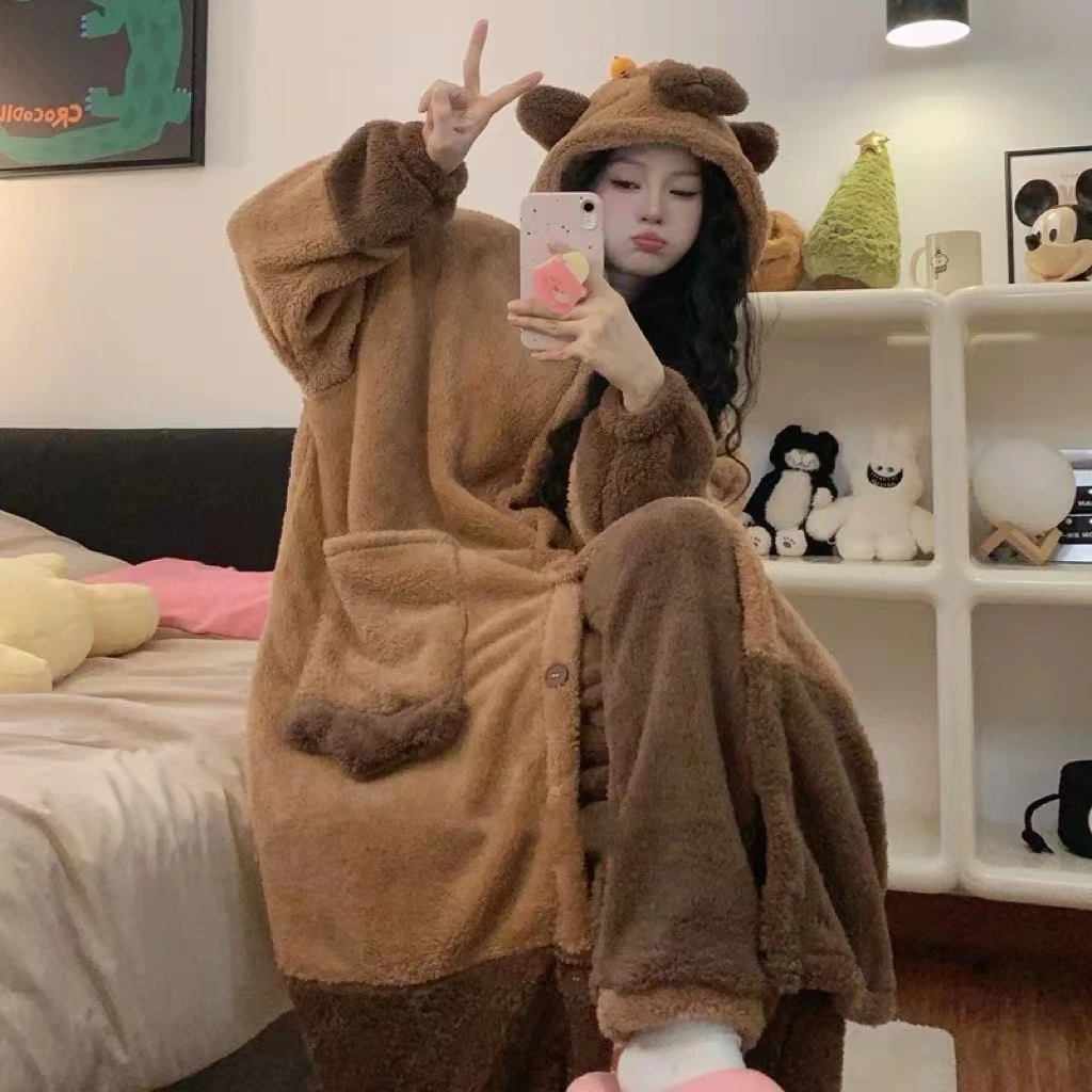 卡皮巴拉珊瑚绒冬季睡袍女加绒加厚连体睡衣长裤家居服外穿两件套