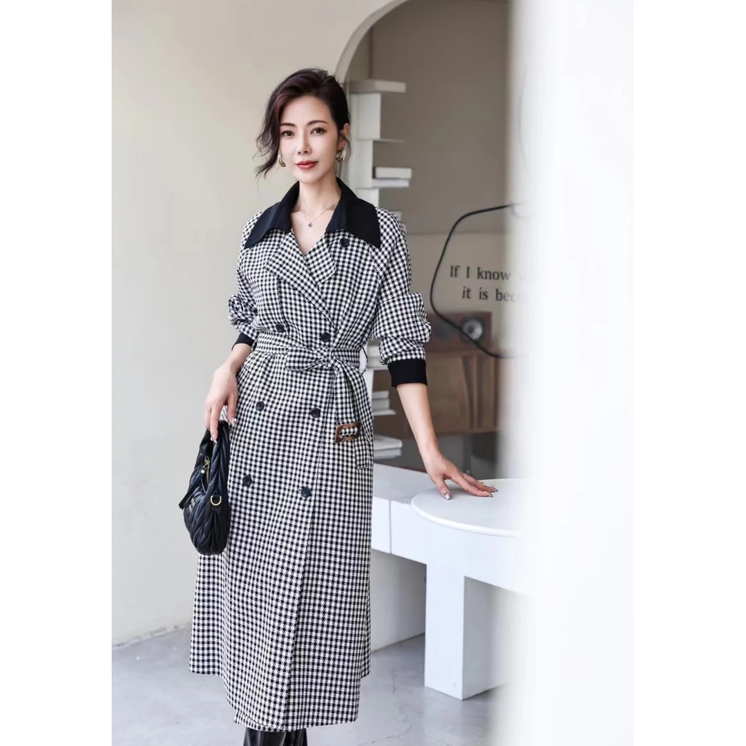 2023年新款千鸟格风衣外套系带显瘦大牌