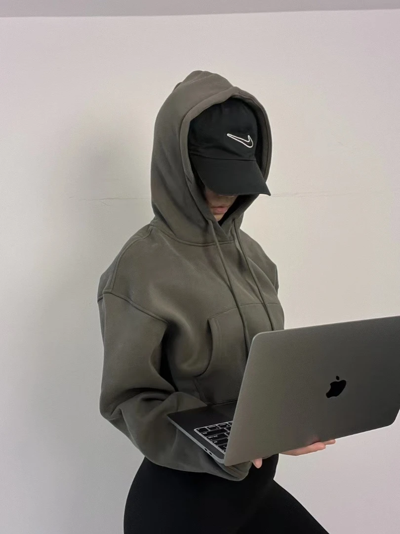 辣妹秋冬款BM风运动健身加绒加厚连帽卫衣短款宽松时尚瑜伽服外套