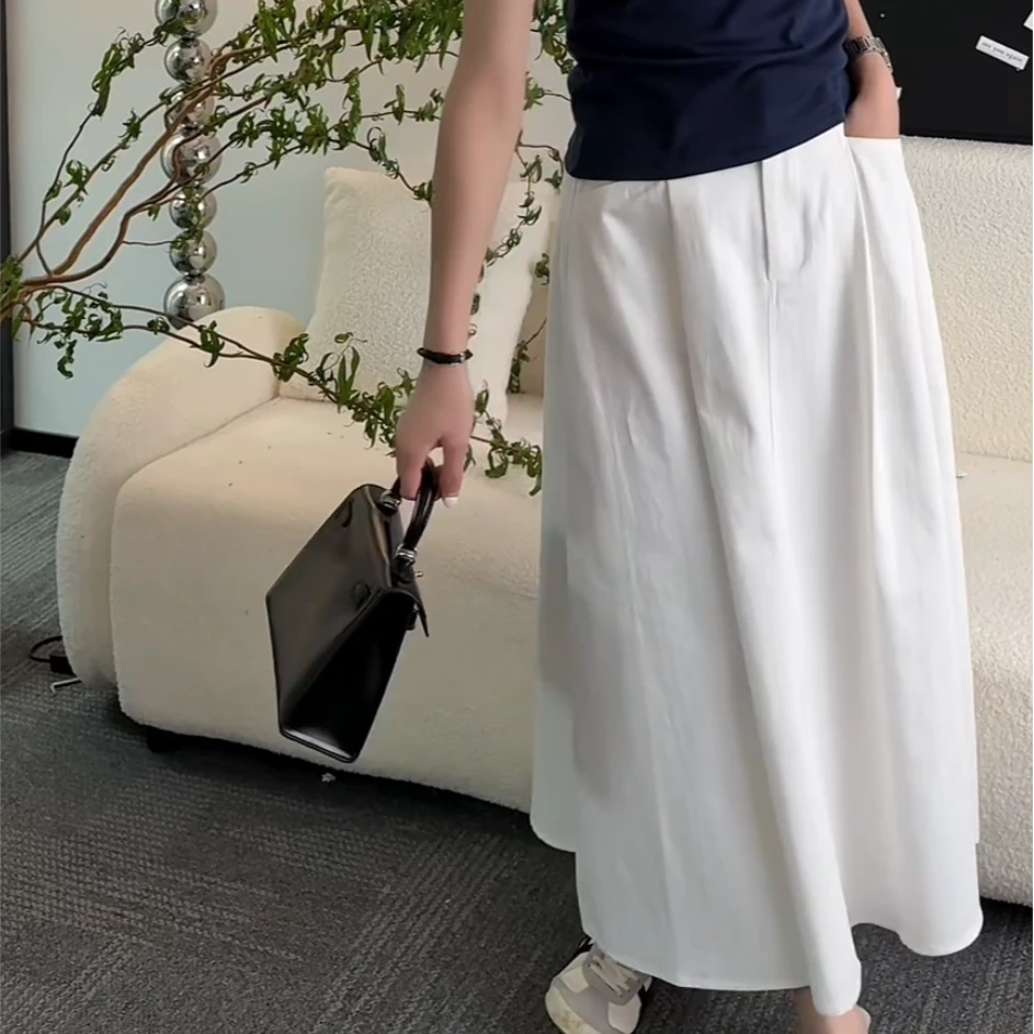 okk!时尚高腰气质白色半身长款牛仔伞裙女