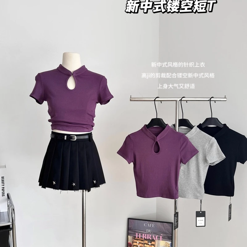 新中式辣妹上衣女修身显瘦国风T恤镂空气质短袖半领短款打底衫夏