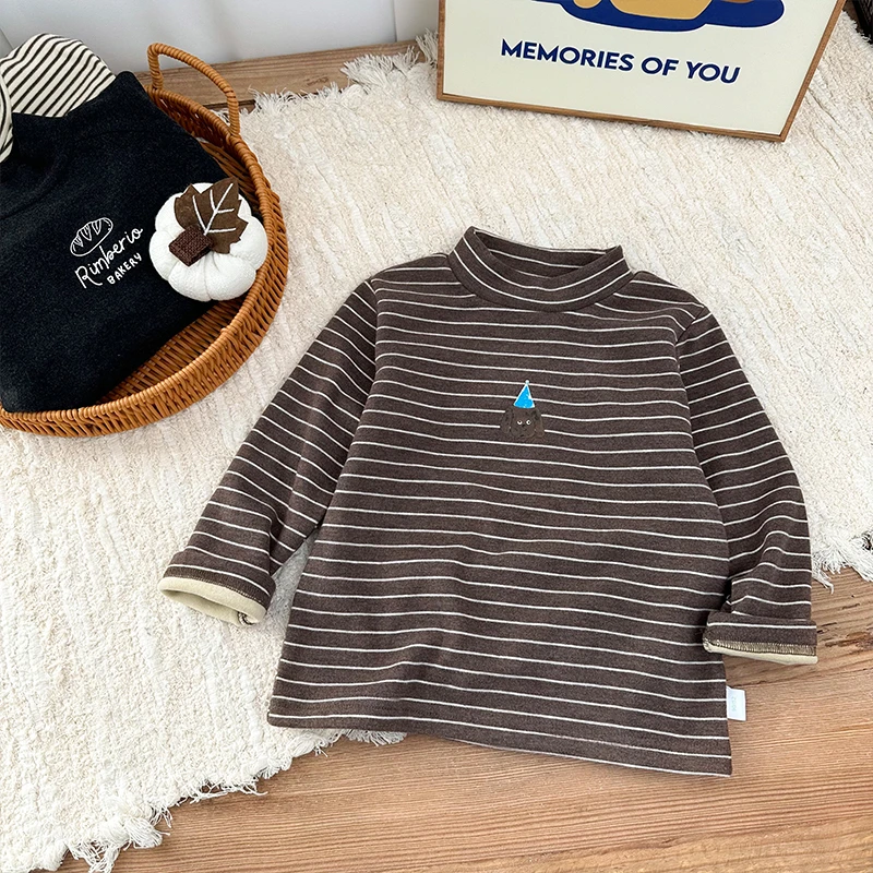男童深秋长袖T恤2024新款咖色条纹半高领打底BMD3556