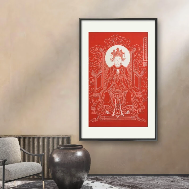 碧霞元君泰山奶奶拓片 道教纯手工竖版新中式挂画 客厅书房白朱