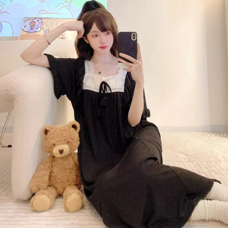 特大码睡裙250斤穿睡衣夏季女黑色短袖中长款公主风宽松薄家居服