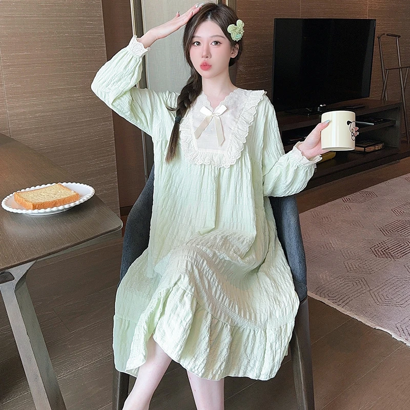 胖美女大码睡裙中长款长袖胖MM家居服蕾丝花边宽松版型特大码数秋