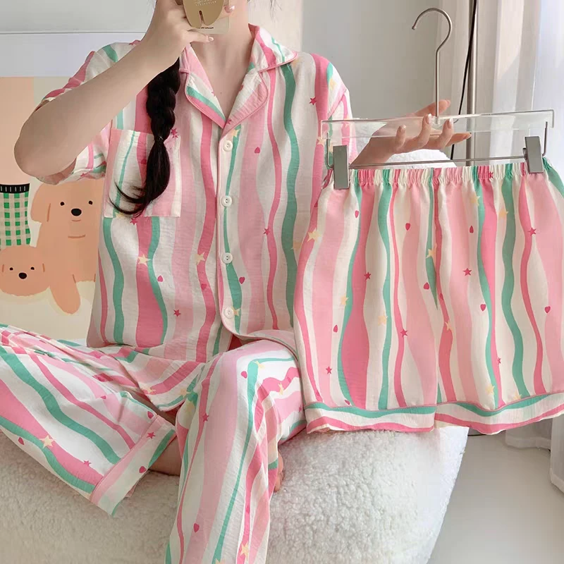 2025春夏新款短袖长裤三件套睡衣宽松胖美女家居服大码胖M200斤穿