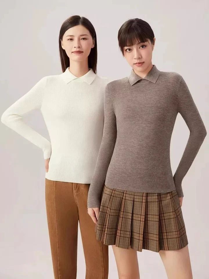 【商场同款】2024新小翻领竖坑条羊毛针织衫毛衣女修身百搭A301124