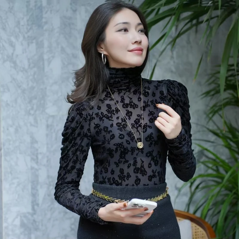 【商场同款】2024秋冬新款百搭气质修身植绒蕾丝长袖女5301068