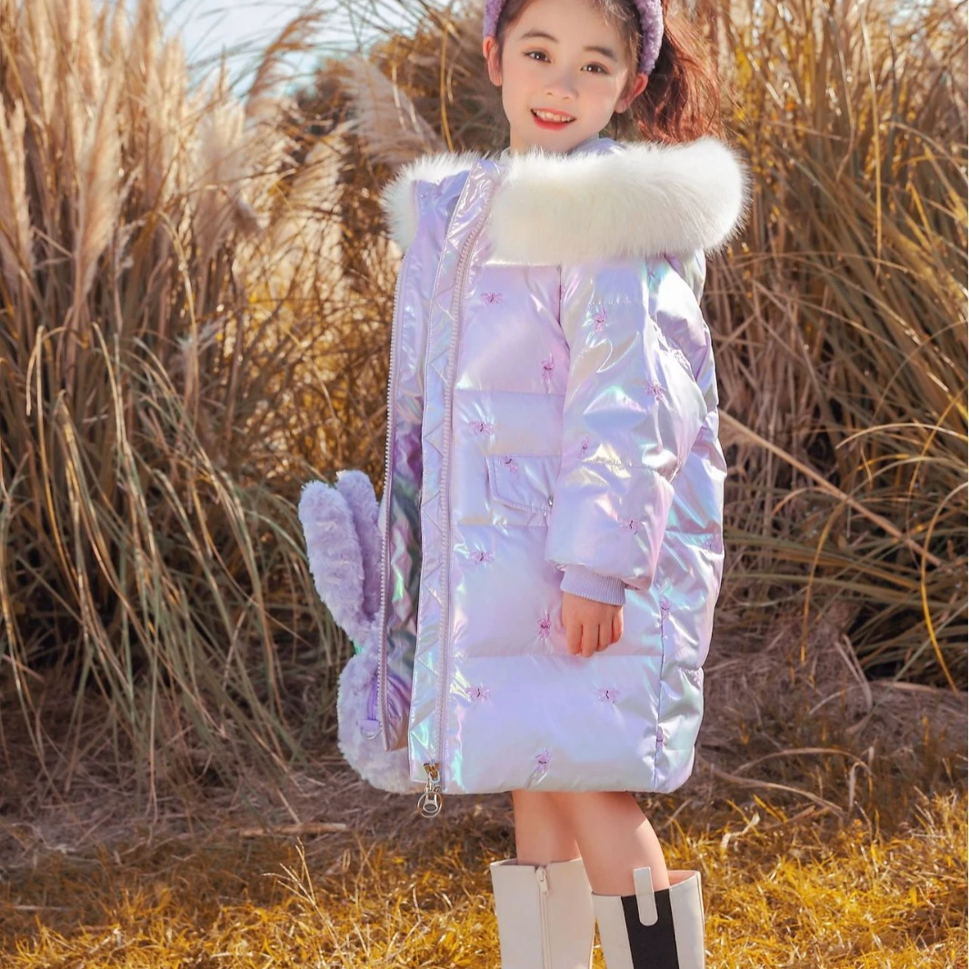 女童免洗亮面羽绒服韩版中小童装中长款加厚外套宝宝公主冬季大衣