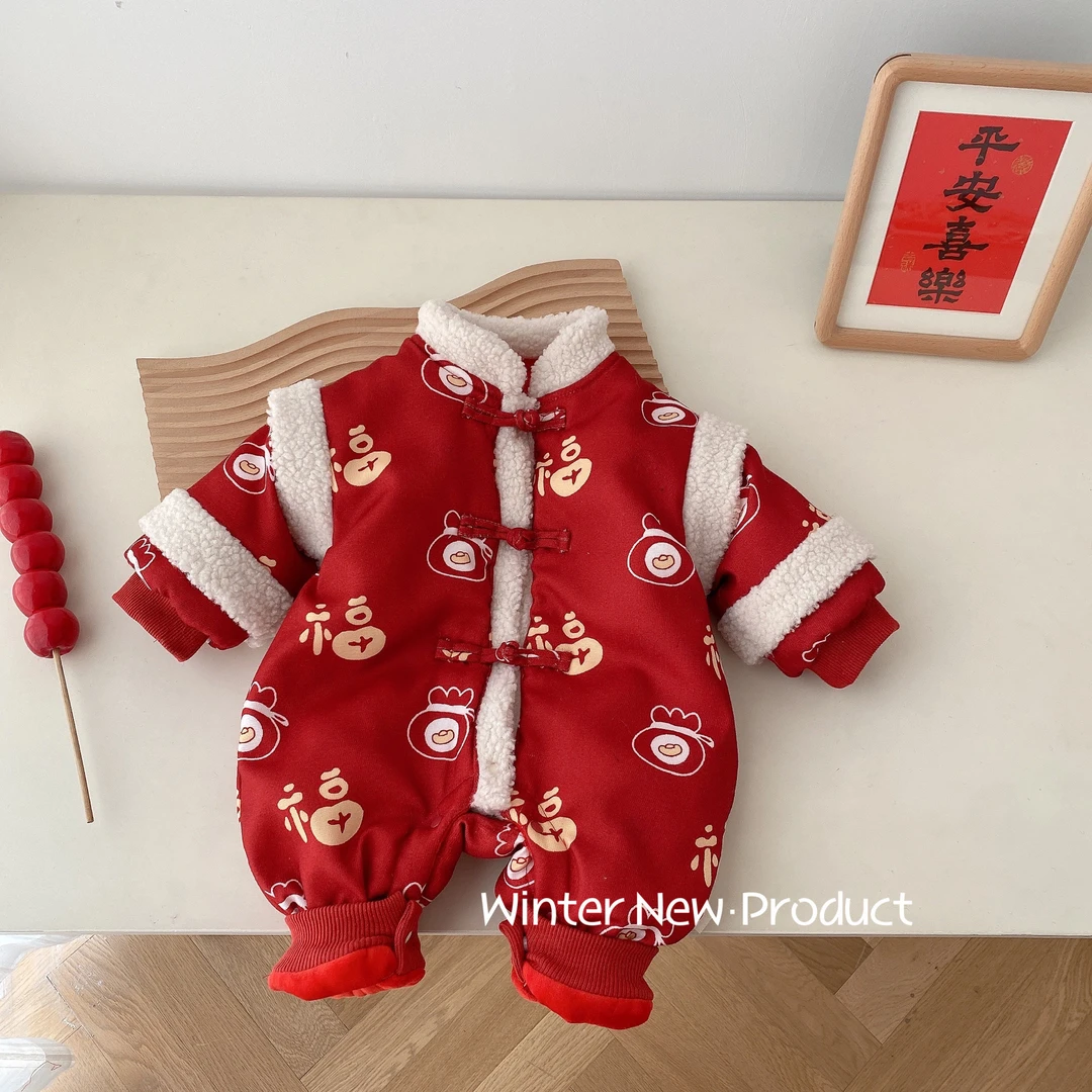 0-2岁冬季婴儿可爱爬服宝宝喜庆拼色印花年服连体衣婴儿衣服AL327