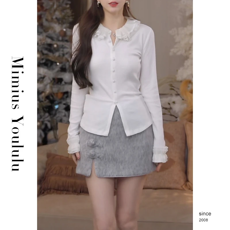 【mimius】&喵喵 荷叶领拼接百搭针织打底衫 F11068