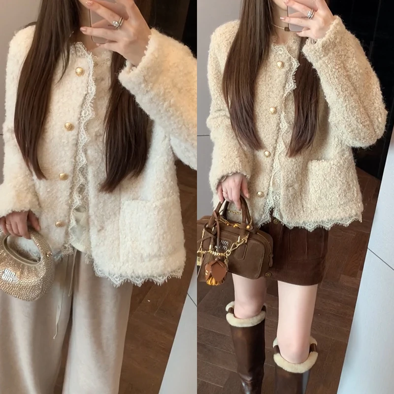 【mimius】 悦悦 暖暖的神～秋冬蕾丝皮毛一体外套 F09273