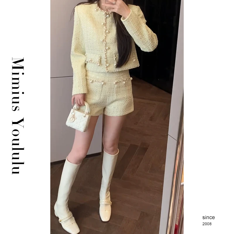 【mimius】&七七 早春银丝粗花呢钉珠外套+短裤套装 汉服 F12049