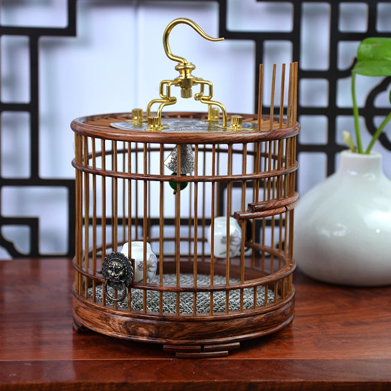 原木色大叶黄花梨竹条12厘米圆形蝈蝈笼配瓷罐古典
