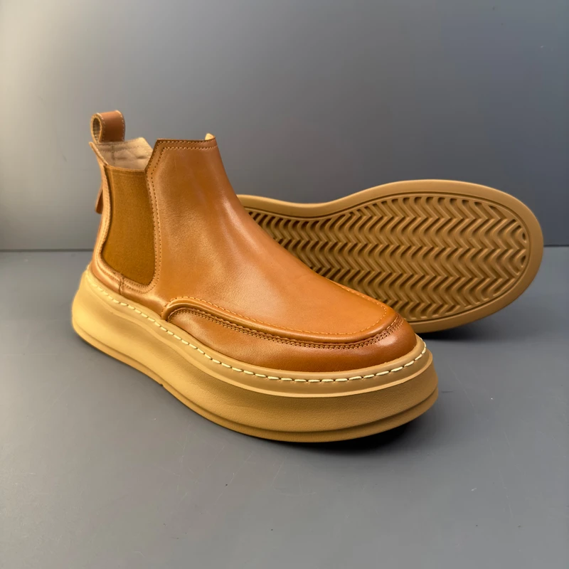 2024秋季新款中帮真皮马丁靴时尚休闲一脚蹬复古英伦风厚底靴子男