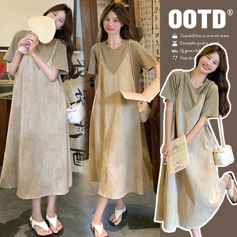 【常存】孕妇装夏季薄款假两件拼接韩版扎染宽松显瘦大码孕妇裙子