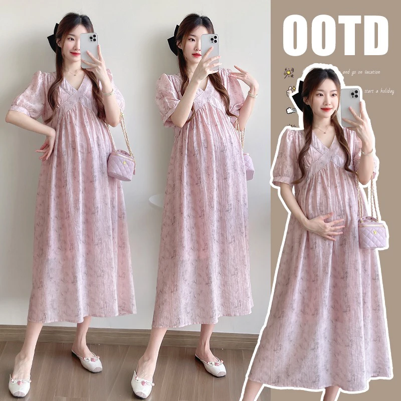 【常存】孕妇装夏季新款V领法式碎花扎染温柔风宽松显瘦孕妇连衣裙