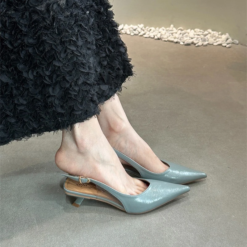 2025夏季新款尖头高跟鞋气质法式高级感凉鞋女后空一字带包头单鞋