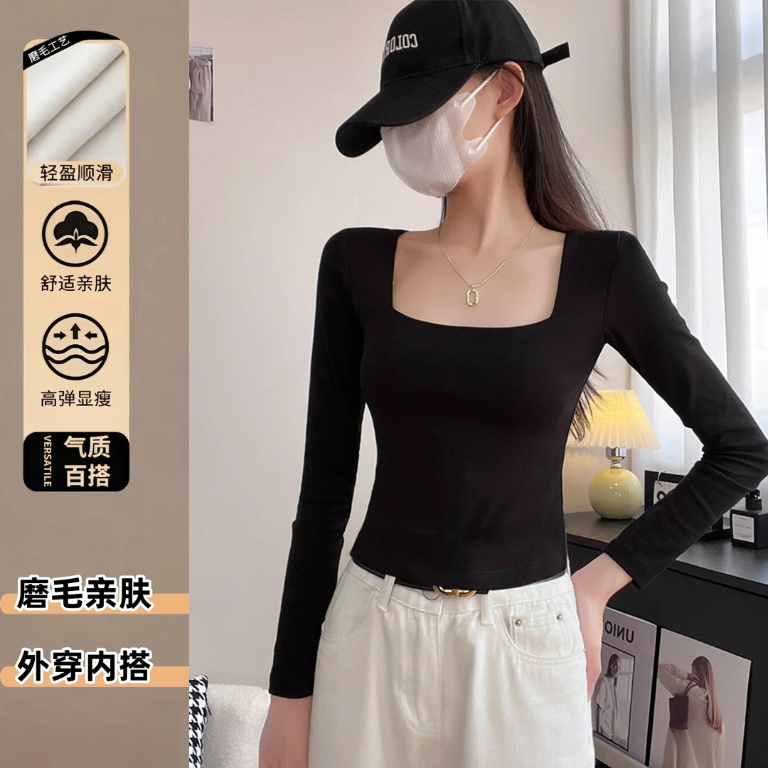 黑色加厚磨毛打底衫女方领长袖t恤2024新款秋冬内搭低领短款上衣
