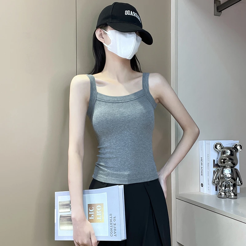 暗灰色方领小吊带修身女夏外穿网红内搭洋气无袖设计感螺纹黑上衣