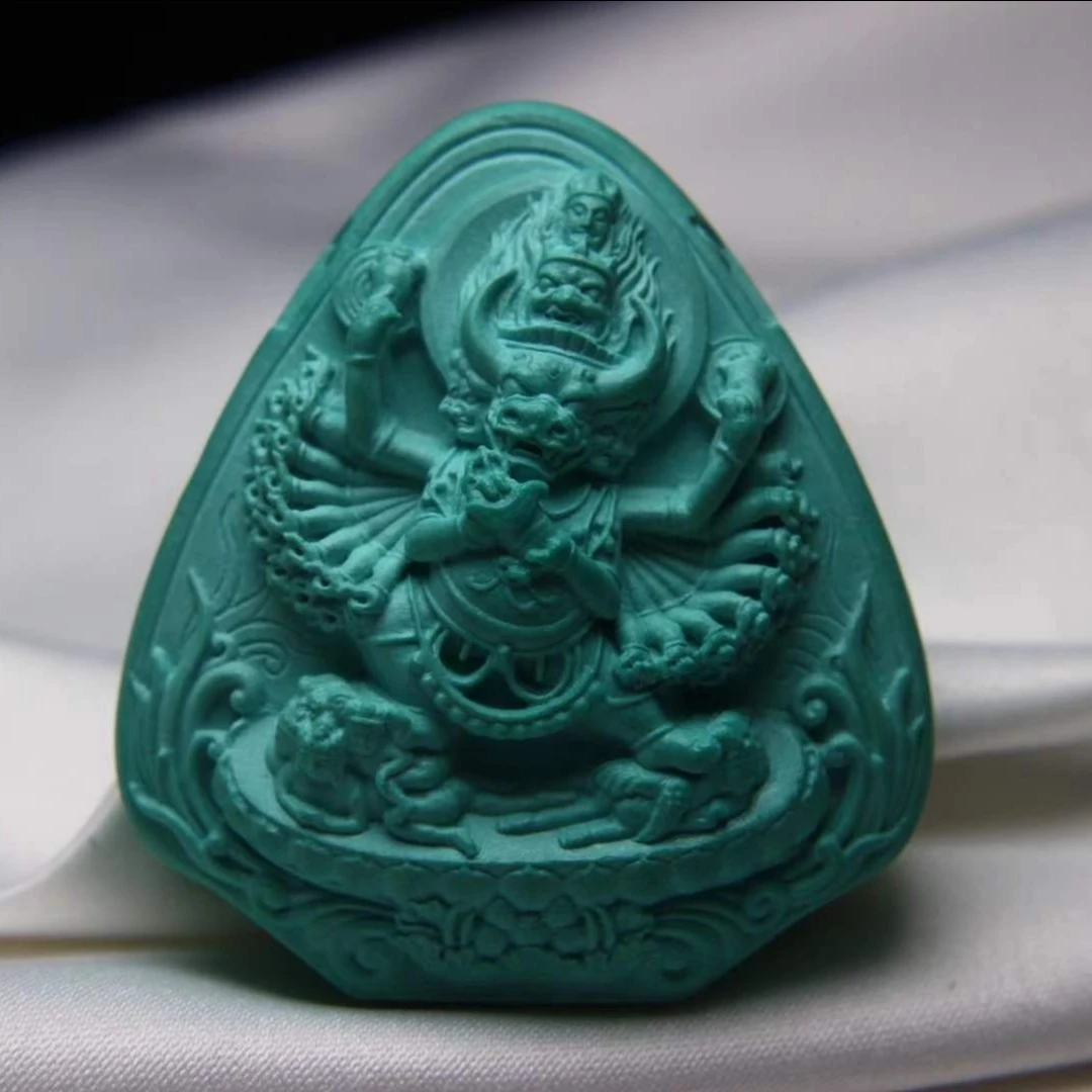 jiang long/江龍原矿绿松石大威德金刚吊坠芥子工作室手工精雕