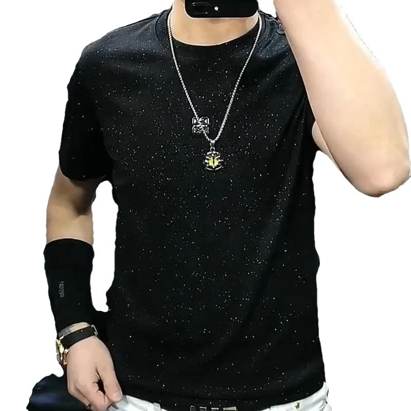 潮牌男士潮流夏季圆领短袖打底衫热门满天星时尚殴货T恤黑色半袖