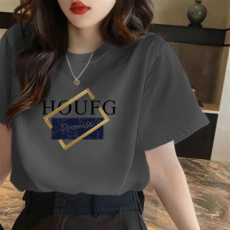 纯棉100%短袖正肩圆领休闲夏季时尚2024新款女士体恤印花上衣t恤