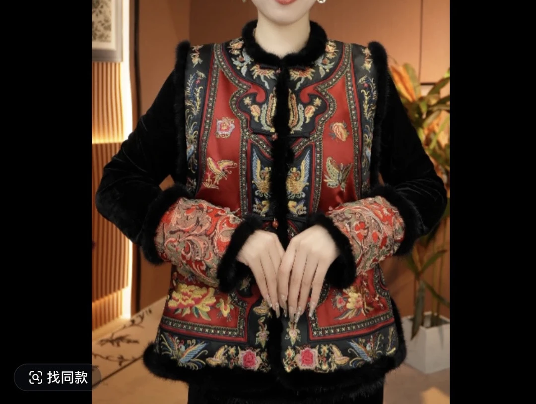 （有凤来仪）毛领新中式冬款夹棉加厚刺绣花罗马甲2024D6002-083