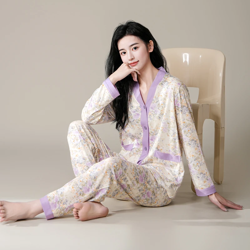 【紫韵繁花】女式睡衣开衫V领长袖裤舒适透气家居服套装58721