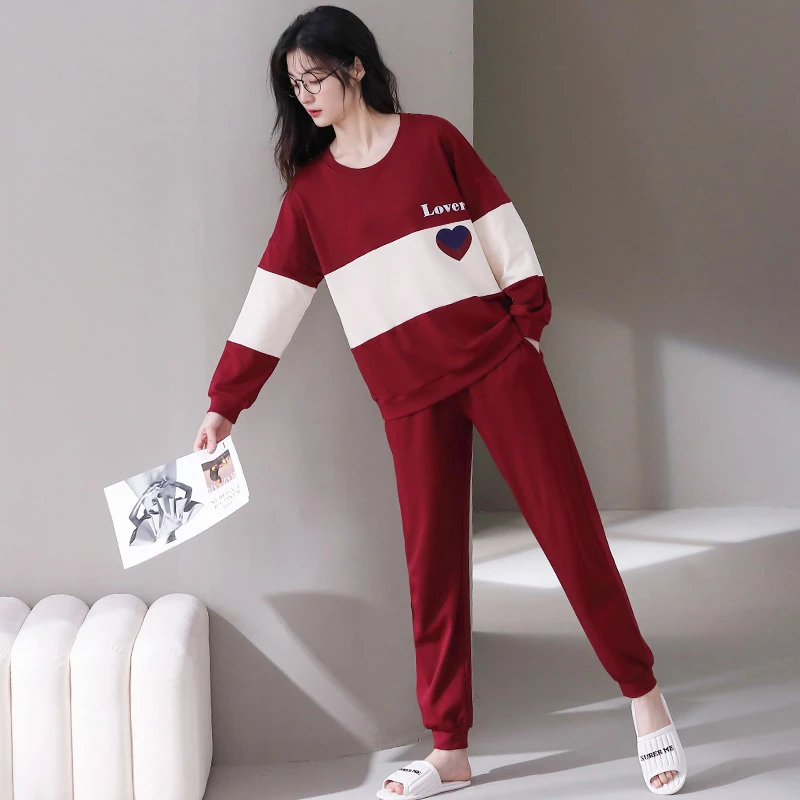 春秋季新款休闲睡衣女舒适长袖圆领宽松可外穿家居服套装58312