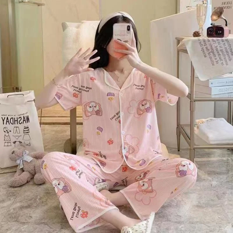 夏季宽松翻领开衫睡衣女士甜美短袖舒适家居服套装可外穿 82100