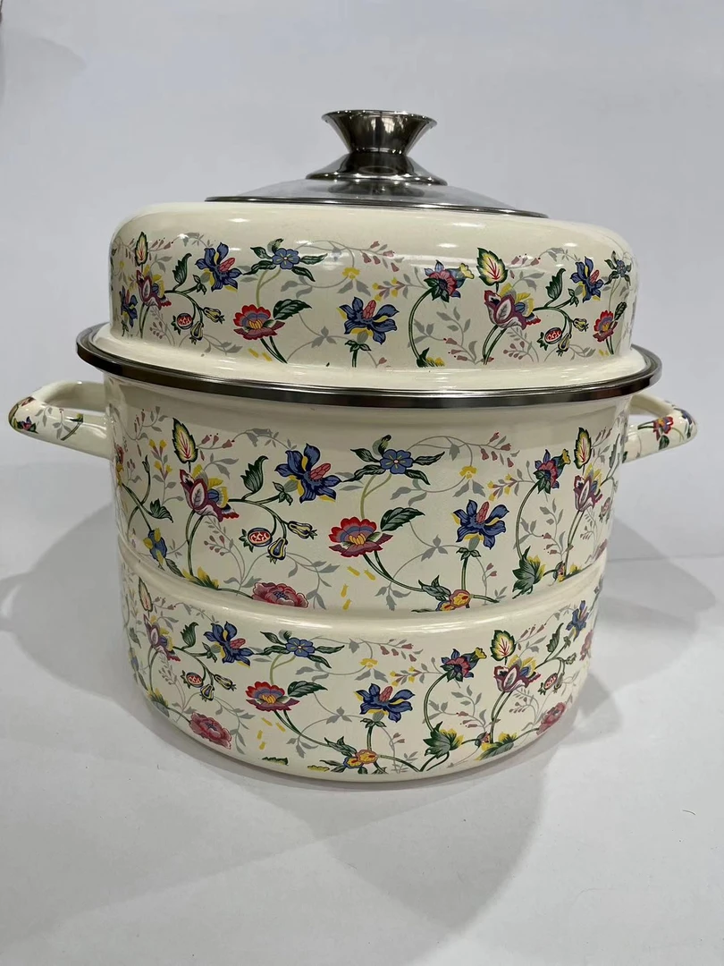 28cm米奇花加厚双层蒸锅【设计师款】出外贸搪瓷珐琅蒸锅